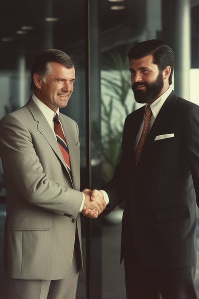 A confident male, dressed in business attire, shaking hands with another individual. This represents the successful conclusion of the interview process.
