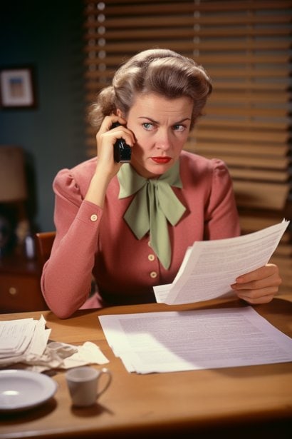 An image of a person (female) in her home office, on the phone, with a slightly concerned but composed expression. She's looking at a document in her hand, which symbolizes a contract or offer letter. The environment is professional yet personal, indicating a blend of work and home life.