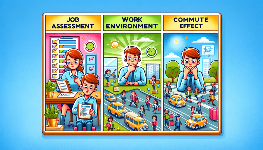 Here's a colorful cartoon-style infographic focusing on Job Assessment, Work Environment, and Commute Effect. Each section of the infographic is visually distinct and contains relevant illustrations to represent the concepts effectively.