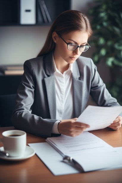 A professional woman in a business suit, sitting at a desk, thoughtfully examining a resume. The background could show an office setting with a notepad, and a cup of coffee. The photo should convey a sense of seriousness and attention to detail, highlighting the importance of the most recent employer in a job application.