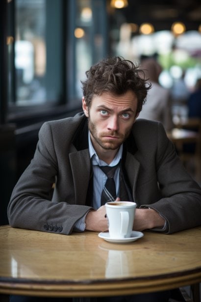 A male employee sitting at a café table during a break, appearing distressed and disengaged. His gaze is distant, and he's loosely holding a coffee cup, suggesting deep contemplation or concern. This image reflects the emotional toll of workplace retaliation on an individual.