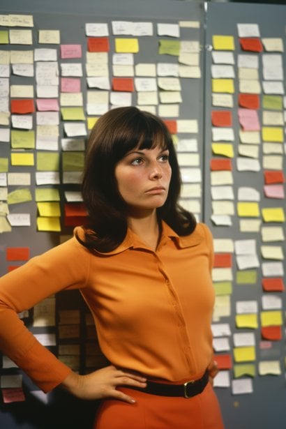 A female employee, standing alone near a notice board in an office, looking at a posted work schedule with a puzzled expression. The photo should capture her in a moment of contemplation, hinting at changes in her work hours or other subtle signs of retaliation.