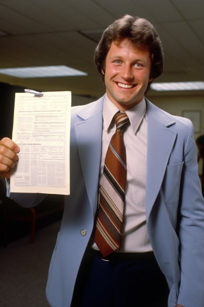 A man in business casual attire, holding up his resume with a proud smile. This image symbolizes the pride and confidence a job applicant feels when they have a strong reference from their last job.