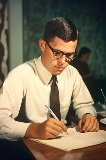 A close-up of a male employee writing a heartfelt thank-you note. The focus is on his thoughtful and reflective expression, conveying a deep sense of gratitude and consideration.