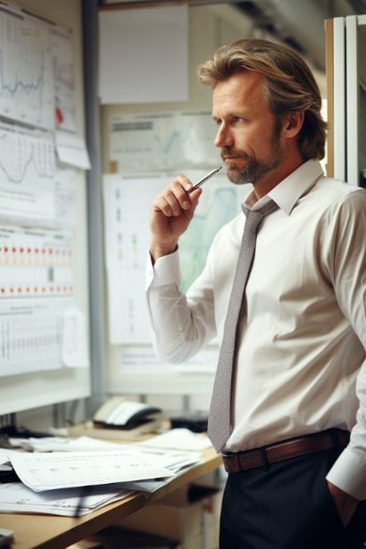 A photo of a middle-aged man standing in a modern office, looking at a large monitor displaying graphs and charts. His expression is one of focus and determination, reflecting a deep engagement in his work analysis.