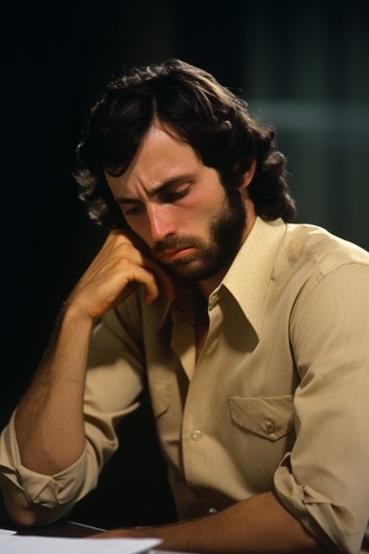 A male employee in a thoughtful pose, reviewing his performance evaluation, with a visible sense of contemplation and determination to improve. The focus is on his introspective and motivated demeanor, suggesting a proactive approach to personal and professional growth.