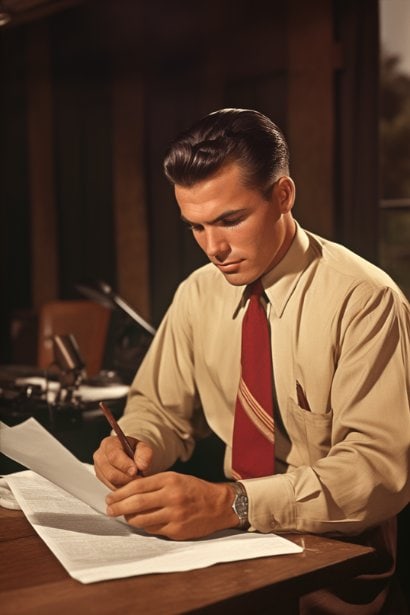 A thoughtful male, sitting with a notepad and pen, reviewing a document that appears to be a resume. This represents the preparation phase before responding, where an individual is cross-checking their qualifications and availability.