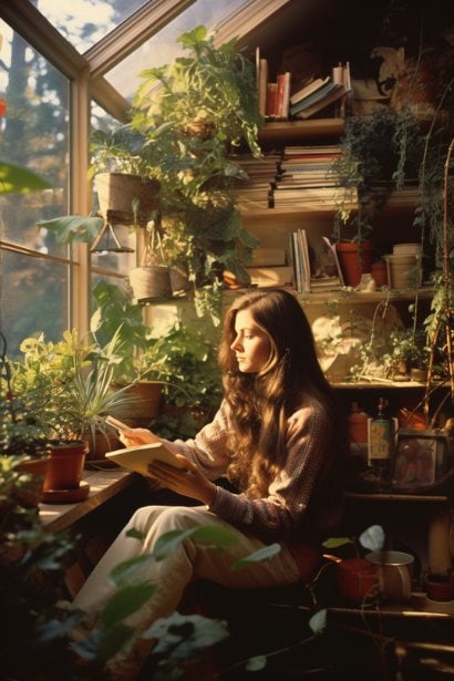 A woman sitting in a cozy home environment, engaging in a hobby like painting. The setting should be peaceful and relaxing, with elements like soft lighting and indoor plants, illustrating a balanced personal life outside of work.