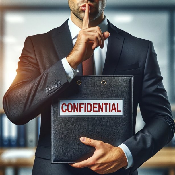 A man in a suit, standing with a finger over his lips in a 'silence' gesture, holding a folder labeled 'Confidential'. The background is a blurred office environment, emphasizing the importance of confidentiality when discussing previous employment.