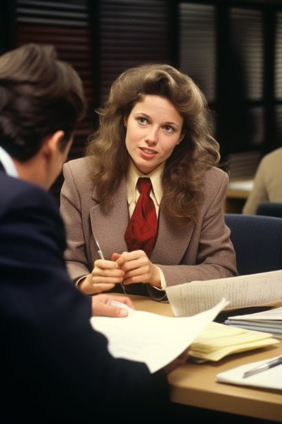 A female employee in a meeting with a lawyer, discussing her case in a law office. The lawyer is shown listening carefully, while the employee explains her situation, holding relevant documents.