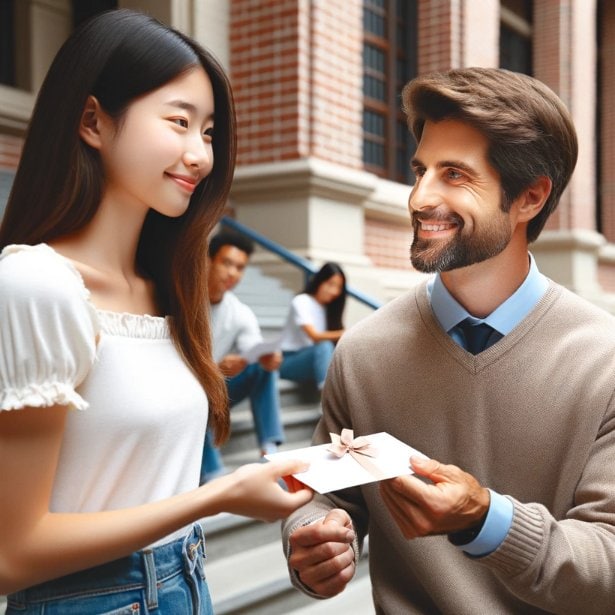 a student (female) handing a professor (male) a thank-you note in an academic setting, perhaps outside a lecture hall. The professor is smiling, accepting the note, and the student looks appreciative and respectful. This scene demonstrates the value of a recommendation letter in an academic context.