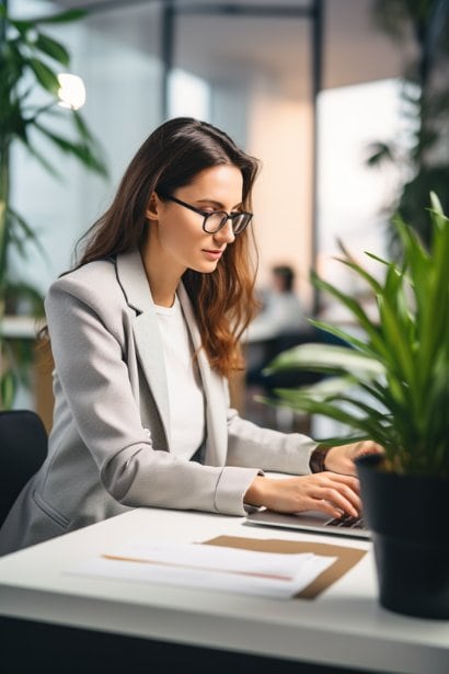 A HR professional (female) in a modern office setting, reviewing resumes on her computer. She has a focused and serious expression, symbolizing the thoroughness of the hiring process. The background shows a neat, organized workspace with a small plant, adding a touch of warmth to the scene.