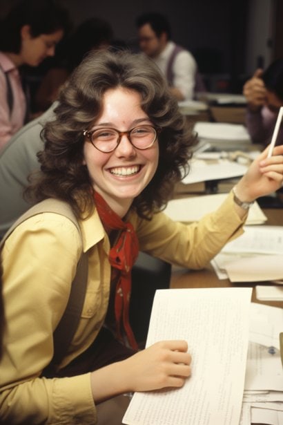 A close-up of a young female employee, sitting at her desk with a bright, open office space in the background. The employee's face radiates a mixture of pride and joy, her eyes reflecting a sense of achievement and newfound confidence.