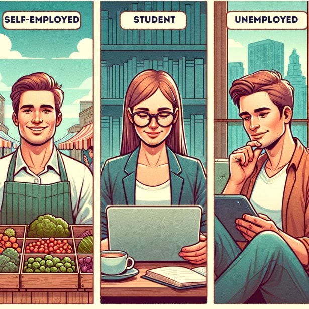 Three small, separate vignettes in one image:
1. A self-employed man at a market stall, smiling and surrounded by his products.
2. A student (female) at a library with books, looking thoughtfully at a laptop screen.
3. An individual (male) at home, looking at job listings on a tablet, with a thoughtful expression.