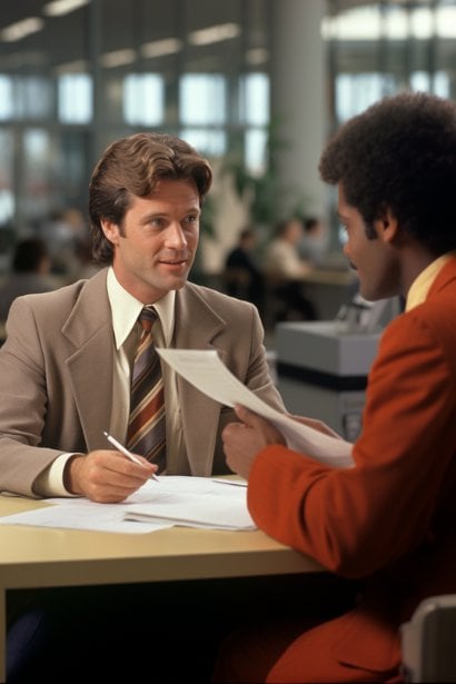 An employee (male) in a meeting with a supervisor or HR representative, discussing an important matter in a bright, open office. The employee is shown presenting documents, while the listener appears engaged and receptive.
