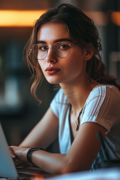 A young female professional, looking confident and determined, composing a cover letter on her laptop, indicating her relocation plans.