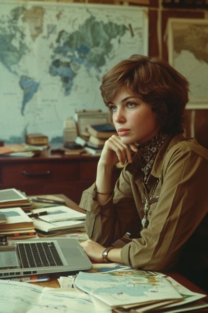 A young female professional, looking contemplative and strategic, sitting at her desk with a world map, a laptop displaying job postings, and notes about various locations. She's analyzing the job market and considering the implications of indicating a willingness to relocate on her resume.