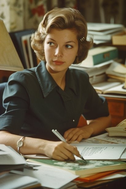 A young female professional sitting at her home office, with documents like a Social Security Card, Birth Certificate, and other important papers neatly arranged on the desk. She is looking at these documents attentively, reflecting a sense of preparation and organization. Her expression is focused, demonstrating her commitment to getting everything in order for her first day.