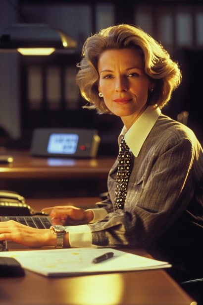 A middle-aged female professional, looking serene and balanced, sitting at her desk in a well-lit, organized office space. Symbolizing her commitment to managing her work hours effectively for a balanced lifestyle.