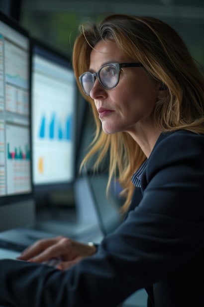 A mature female professional, looking analytical and focused, examining a financial report on her computer in a modern office, symbolizing the intersection of career achievements and economic considerations.
