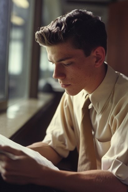 A young male employee in his twenties, sitting alone, looking contemplative and a bit stressed, reading his write-up document. The setting is a break room or a quiet corner, highlighting the personal impact of receiving a write-up.