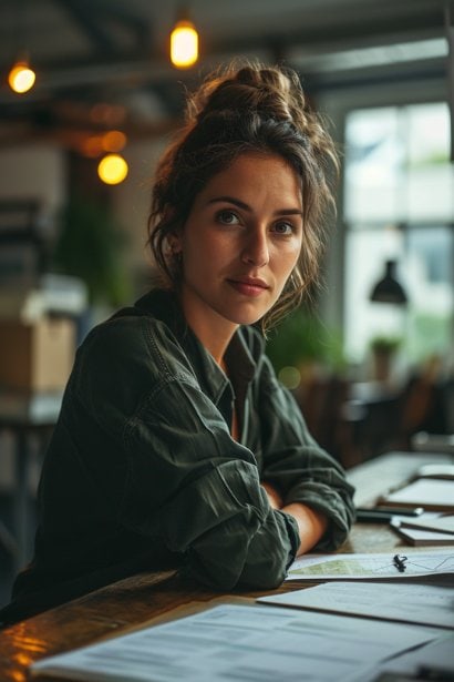 A female manager at her desk, looking thoughtful and strategic, surrounded by long-term planning documents and goals. This reflects her focus on setting clear expectations and building trust with leadership for future success.