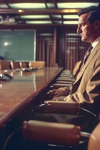 A discerning middle-aged male professional in a conference room, watching an empty executive chair during a team meeting. His expression is one of disappointment, symbolizing the absence of leadership involvement.