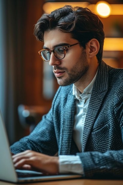 A young male professional, sitting at a desk, typing on a laptop with a sincere, hopeful expression. His demeanor reflecting professionalism and eagerness, capturing the moment of crafting follow-up communication.
