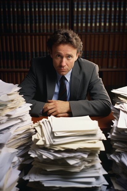 A middle-aged male lawyer, with a focused and professional expression, examining a stack of employment forms and identification documents on his desk, symbolizing the legal scrutiny involved in employment verification.