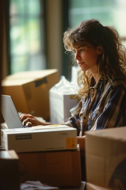 A young female professional, looking organized and meticulous, planning her relocation logistics. The photo shows her with moving boxes, a budget planner, and a laptop open to a moving services website, illustrating her comprehensive approach to managing the move.