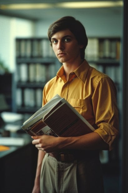 A contemplative young male professional standing in an office, holding a brochure that highlights the company's values. His expression is one of doubt and introspection, reflecting the mismatch between his personal values and those of the company.