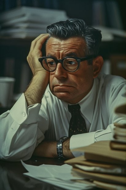 A middle-aged male professional, looking visibly stressed and tired, in an office after hours with a stack of unfinished work. His demeanor reflects the problem of overworked employees.