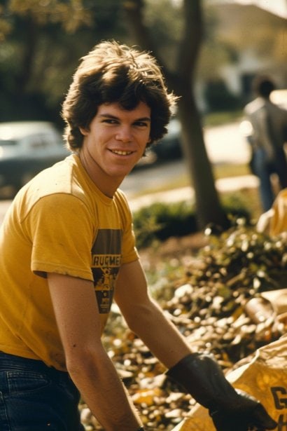 A young male professional, looking engaged and enthusiastic, participating in a community clean-up event, wearing a company t-shirt, illustrating the blend of professional life and community involvement.