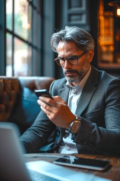 A mid-aged male professional, looking engaged and proactive, networking on his laptop and phone. The scene shows him utilizing LinkedIn and other professional networks, with a backdrop of industry journals and company research materials.