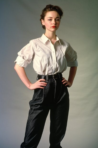 A young female professional, standing in a 'power pose' (hands on hips, standing tall), practicing her posture. Her expression is one of growing confidence and determination, showcasing a method of overcoming nervousness.