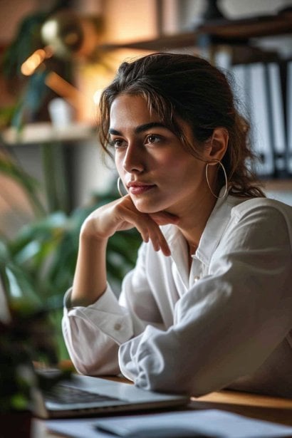 A young female professional, looking thoughtful and contemplative, browsing real estate listings on her laptop at home, with a background indicating her career success, such as awards or a home office setup.