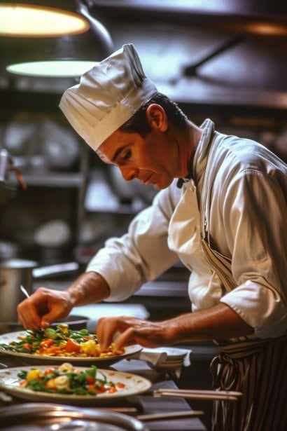 A mature male chef, looking deeply focused and fulfilled, carefully plating a dish in a professional kitchen, his expression showing passion and dedication to his craft, blurring the lines between work and personal fulfillment.