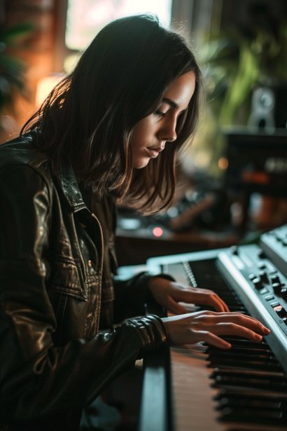A young female musician, looking inspired and joyful, composing music in a home studio, with elements that hint at her day job, like a work ID or uniform, showing the blend of work and personal passion.