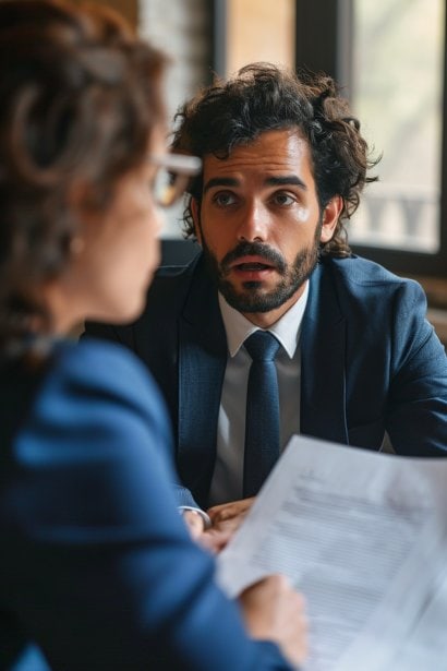 A mid-forties male employee, looking concerned, sitting across from an HR representative in a meeting room. The HR representative, a female in her thirties, is presenting the write-up document, emphasizing the enforcement of company policies.