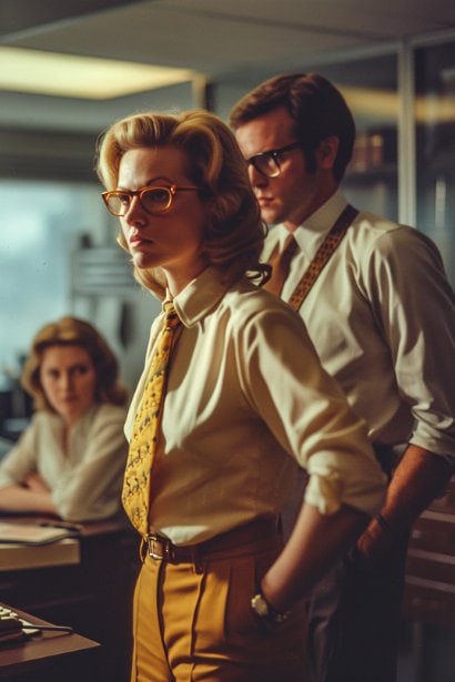 A female mid-level manager, looking slightly puzzled and concerned, observing from a distance a female junior employee receiving instructions directly from a senior boss. The background should subtly depict a corporate setting, emphasizing the hierarchical dynamic at play.