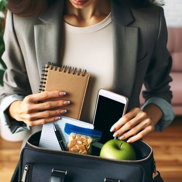 A young female professional's hands as she packs her work bag. Visible items include a notepad, pen, cell phone, and a healthy snack. Her expression is one of determination and readiness, as she carefully selects the essentials for her first day at work.
