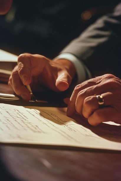 A close-up of a male manager's hands pointing at specific sections of a write-up document during a review meeting with an employee, illustrating the detailed and objective approach to employee write-ups.