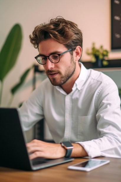 A male professional, appearing savvy and prepared, conducts a mock video interview on his laptop. He's practicing with a friend, focusing on clear communication and handling technical aspects, indicating preparation beyond the basics.
