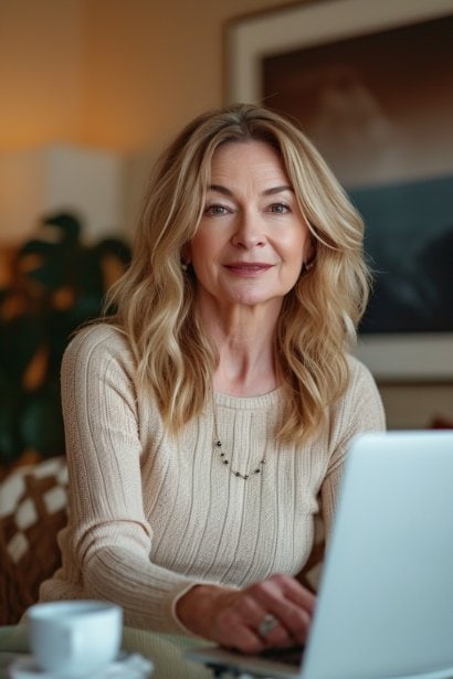 A middle-aged female professional, looking optimistic and prepared, in a relaxed but professional home setting. She's on a video call with a potential employer, discussing opportunities in a new city, representing the scenario of relocating for a new job.