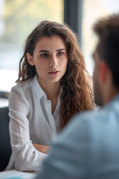 A small meeting room scene where a female professional in her early 30s, looking assertive yet supportive, is providing constructive feedback to a coworker. The coworker, a male in his late 20s, appears engaged but slightly uneasy, highlighting the impact of receiving direct feedback.
