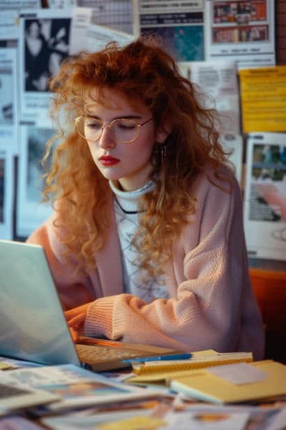 A young female professional, looking innovative and proactive, researching on her laptop and taking notes. She's surrounded by various job listings and company profiles, illustrating her exploration of different roles and employers.
