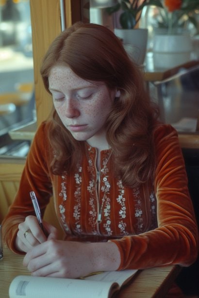 A young female professional, sitting at a quiet cafe with a contemplative expression, holding a notepad and pen. She's jotting down pros and cons, symbolizing the deep reflection involved in assessing her current job situation.