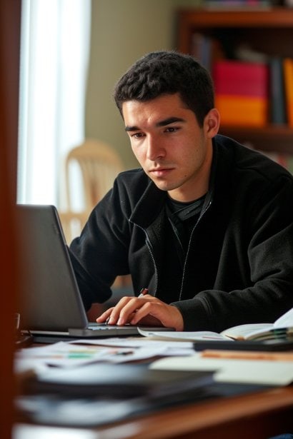A young male professional, approximately 25 years old, studying at a home desk. He’s viewing an online course on his laptop about remote closing techniques, taking notes diligently. His expression is concentrated and earnest, emphasizing the importance of education and training in this field.
