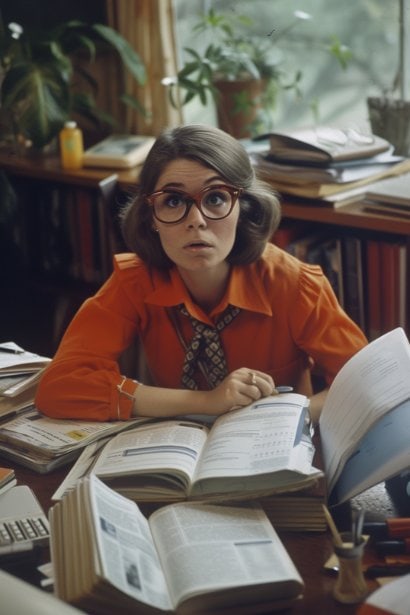 A female professional, looking diligent and focused, sits at her home office desk, surrounded by research materials. She's intently reading a company's annual report, with a notepad filled with notes about the company's mission, values, and culture. The environment reflects a deep dive into company research.
