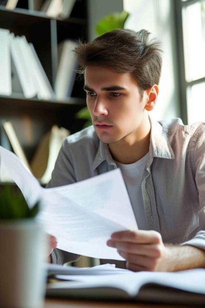 An image of a young male professional, looking relieved and thoughtful, reviewing documents related to benefits and compensation after resigning. He's sitting alone in a private, airy office space, symbolizing the careful consideration of financial implications post-resignation.
